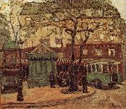 Grant Wood Greenish Bus in Street of Paris Sweden oil painting artist